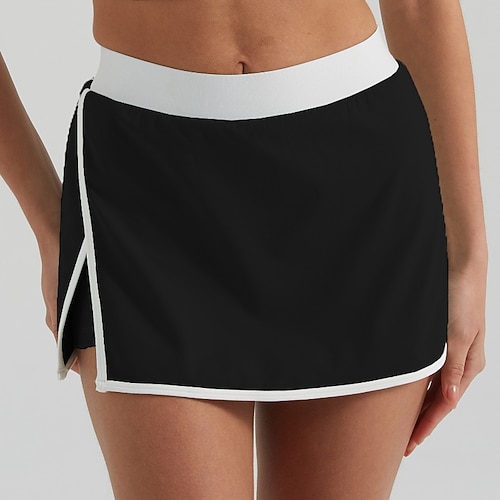 Damen Patchwork Lässiger Rock Tennisröcke mit Shorts Kontrastbindung Geteilt Feuchtigkeitsableitend Atmungsaktiv Tennis Golfspiel Pickleball Schwarz Weiß Dunkelmarine Tennisbekleidung Image