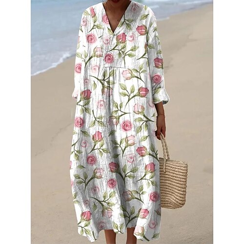 Damen Midi Kleid V-Ausschnitt Lange Ärmel Kaftan Leicht Lockerer Schnitt A-Linien Kleid Lässig Boho Party Ausgehen Floral Grafisch Lange Ärmel V-Ausschnitt Hellpink Weiß Hellgrün Pink Image