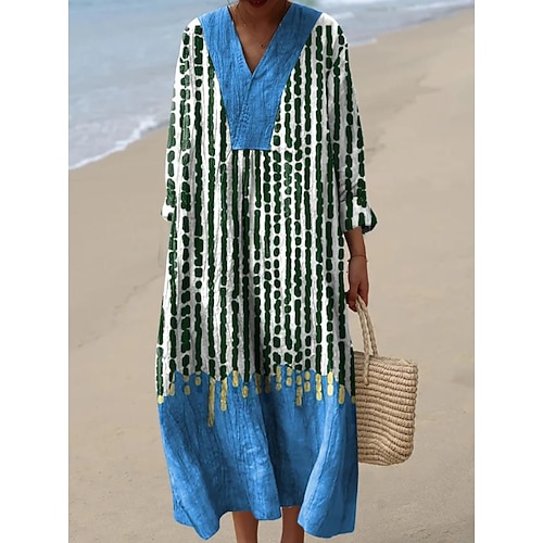 Abito Midi Donna V Neck Maniche Lunghe Kaftan Leggero Fit Largo Abito A-Line Casual Boho Uscita Fit Largo Grafico Maniche Lunghe V Neck Nero Blu Arancio Khaki