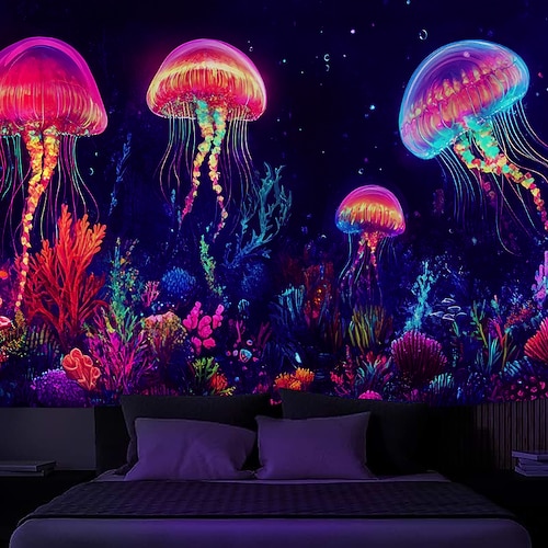Schwarzlichttapete Leuchtet im Dunkeln Glow Party UV reaktiv Ozeanquallen Trippy Nebelige Naturlandschaft Hängende Tapete Wandkunst Wandmalerei für Wohnzimmer Schlafzimmer Image