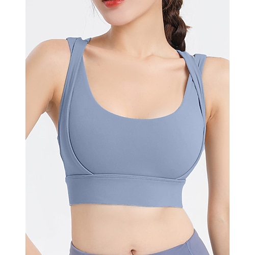 Damen Einfarbig Tennis-BH Ärmellos Rückenfrei Stoßfest Feuchtigkeitsableitend Atmungsaktiv Tennis Golfspiel Joggen U-Ausschnitt Überkreuzter Rücken Schwarz Himmelblau Purpur Tennisbekleidung Image