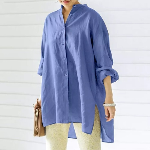 Camicia Boho Per donna Nero Blu Marrone Colore Solido / Tinta Unita Arricciato Feste Sport Outdoor Attivo Vacanza Sport Girocollo Cotone Lino Vestibilità comoda S