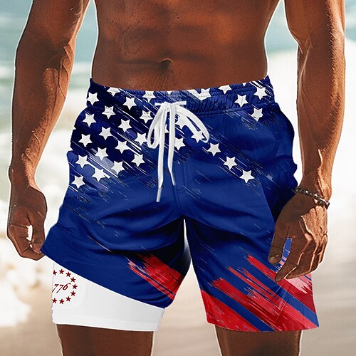 Tag der Unabhängigkeit Herren 250. Jahrestag des Unabhängigkeitstages der USA am 4. Juli US Flagge Patriotisch Gefütterte Shorts 2 in 1 Badeshorts Badehosen Mittlere Taille Ferien Seitentaschen Mit Image