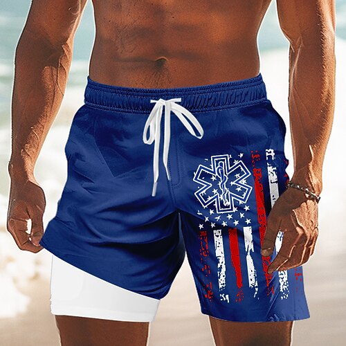 Amerikas 250. Jahrestag Unabhängigkeitstag Herren US-Flagge patriotische 4. Juli gefütterte Shorts 2 in 1 Boardshorts Schwimmshorts Mittlere Taille Urlaub Seitentaschen mit Kompressionseinlage Image