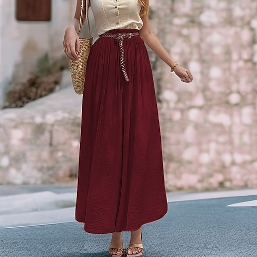 Damen Asiatische Größe Elegant Lässig Midi Hohe Taille Röcke Einfarbig Gerafft Plissiert Fließend Mikroelastisch Täglich Urlaub Wein Schwarz Weiß Rosa Frühling, Herbst, Winter, Sommer Leinen Baumwoll Image