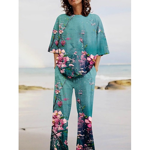 Damen Hosen-Sets Halbarm Rundhalsausschnitt Ombre Blumen Druck Aktiv Urlaub Alltagstauglich Schwarz Weiß Marineblau Sommer Normale Passform Image