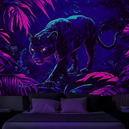 Schwarzlicht Wandteppich Leuchtet im Dunkeln Glow Party UV-reaktiv Waldtier Leopard Trippy Nebel Natur Landschaft Hängender Wandteppich Wandkunst Wandmalerei für Wohnzimmer Schlafzimmer Image