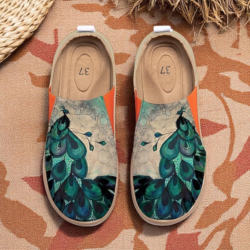 Bequeme Barfußschuhe zum Hineinschlüpfen für Damen – künstlerischer Pfauendruck, ergonomische Innensohle, lebendiger Resort-Stil, ideal für Zuhause, den Garten, Kunstfestivals und entspannte Reisetage Image