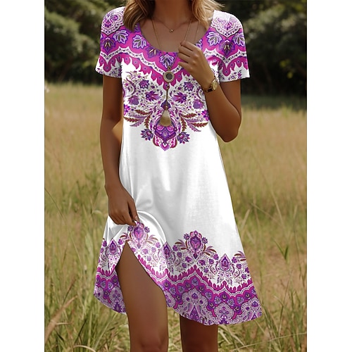 Damen Minikleid T-Shirt-Kleid Sommerkleid Urlaub Lässig Boho Ausgehen Normale Passform Grafik Paisley-Muster Kurzarm V Ausschnitt Gelb Rote Blau Purpur Sommer Image