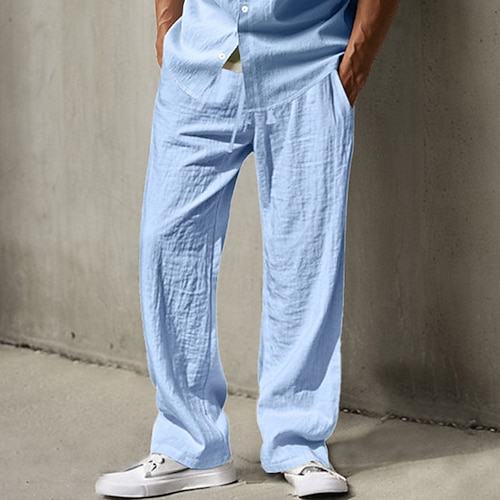 Herren Leinenhosen Hose Sommerhose Baggy-Hosen Strandhose Kordelzug Elastischer Bund Gerader Schnitt Einfach Komfort Atmungsaktiv Volle Länge Täglich Ferien Ausgehen Mode Klassicher Stil Schwarz Weiß Image