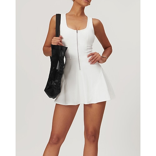 Damen Einfarbig Tenniskleid mit integrierten Shorts und BH Sportkleid 2 Stück Ärmellos Reißverschluss Atmungsaktiv Tennis Golfspiel Pickleball U-Ausschnitt Racerback Schwarz Weiß Purpur Image