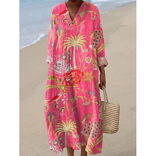 Damen Midi Kleid V-Ausschnitt Lange Ärmel Kaftan Leicht Lockerer Schnitt A-Linien Kleid Lässig Boho Party Ausgehen Floral Grafisch Lange Ärmel V-Ausschnitt Hellpink Weiß Hellgrün Pink Image