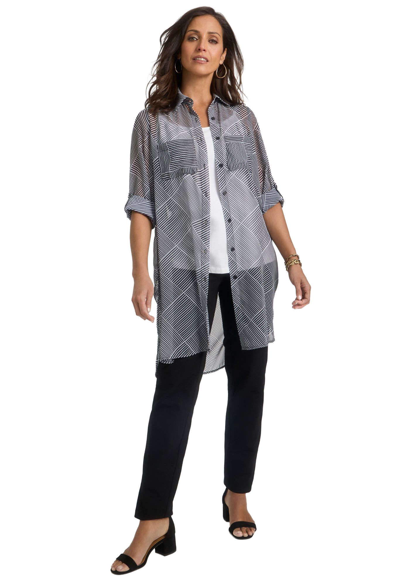 Plus Size Women's Sheer Georgette Mega Tunic by Jessica London in Black Stripe Tile (Size 26 W) Long Sheer Button Down Shirt