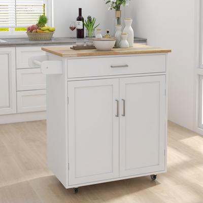 Rubber Wood Table Top Kitchen Island, Rolling Trolley Cart on Wheels, Kitchen Storage Cart with Towel Rack, 1 Drawer & 2 Doors