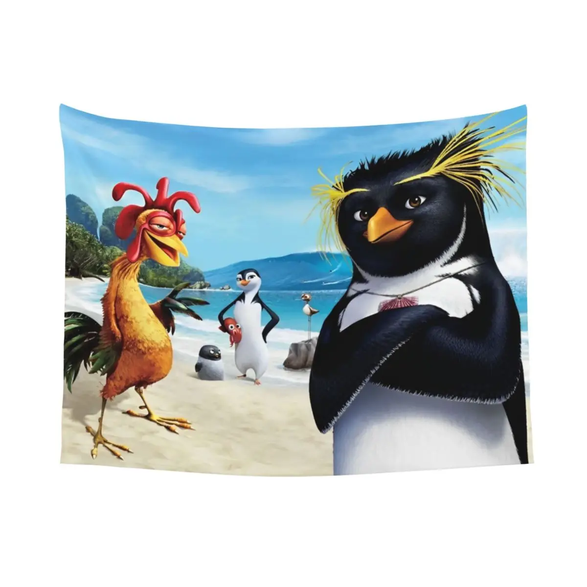 Lustiger Huhn Joe Wandteppich, Pinguin, Surf's Up Wandteppich, Raumdekoration, Heimdekoration, Wohnheim, Wandbehang, Banner, Hintergrundstoff Image