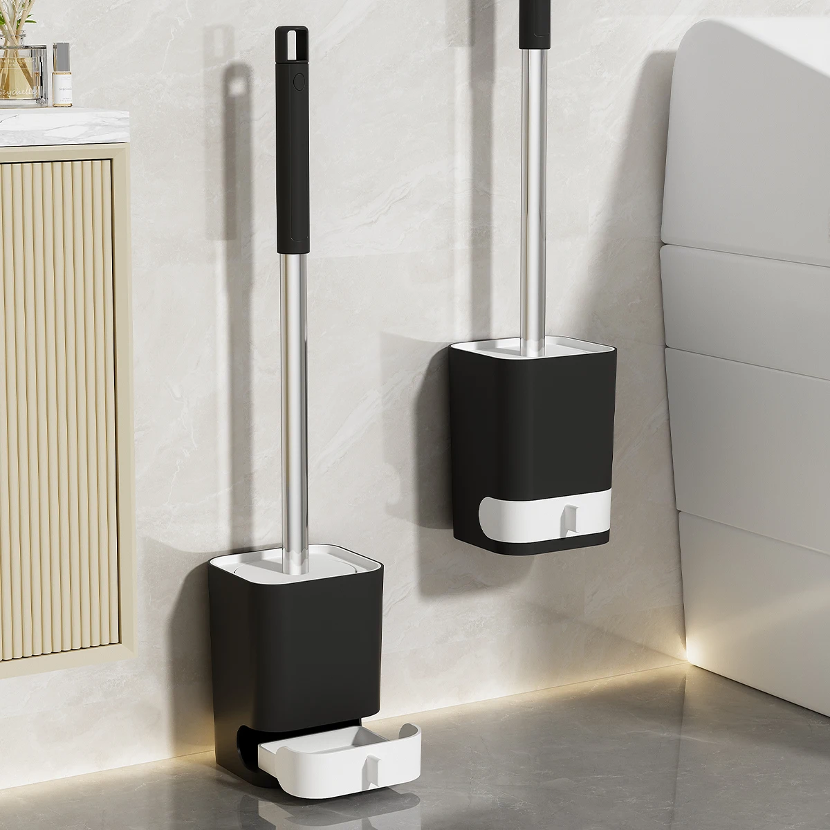 WORTHBUY Stanzfreie, an der Wand montierte Toilettenbürste mit abtropfbarer Basis, langer Griff, Kunststoff-Toilettenreinigungsbürste, Badezimmerzubehör Image