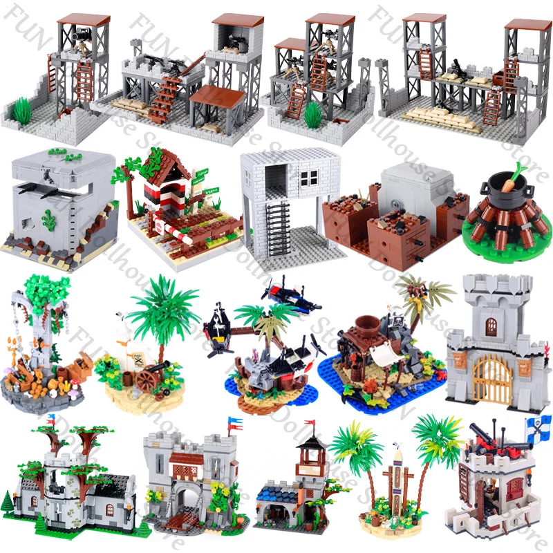 Kreative Mittelalterliche Burg Militär Festung Moc Szene Zubehör Bausteine Piraten Boot Lagerfeuer Bunker Ziegel Kinder Spielzeug Geschenk Image