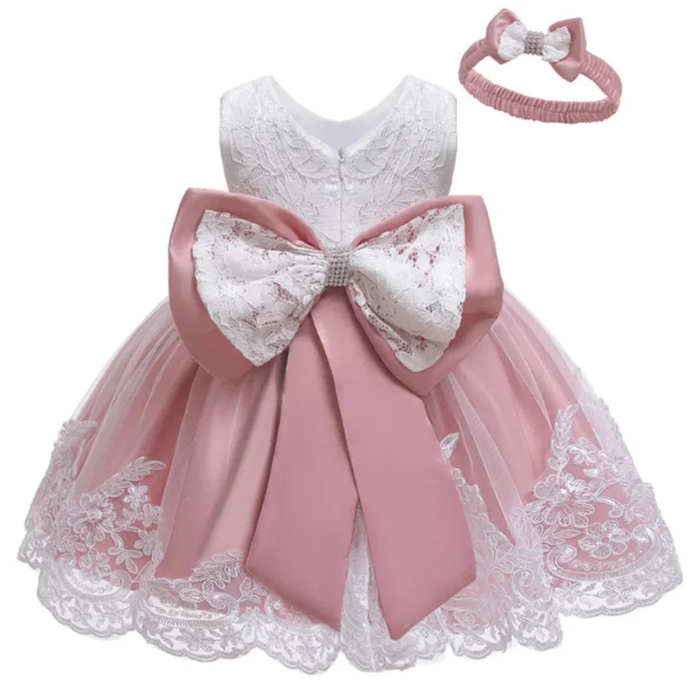 Sommer Neugeborenen Spitze Vestidos Prinzessin Kleid Ballkleid kinder Elegante Geburtstag Party Hochzeit Kleider Mit Bogen Kopfschmuck Image
