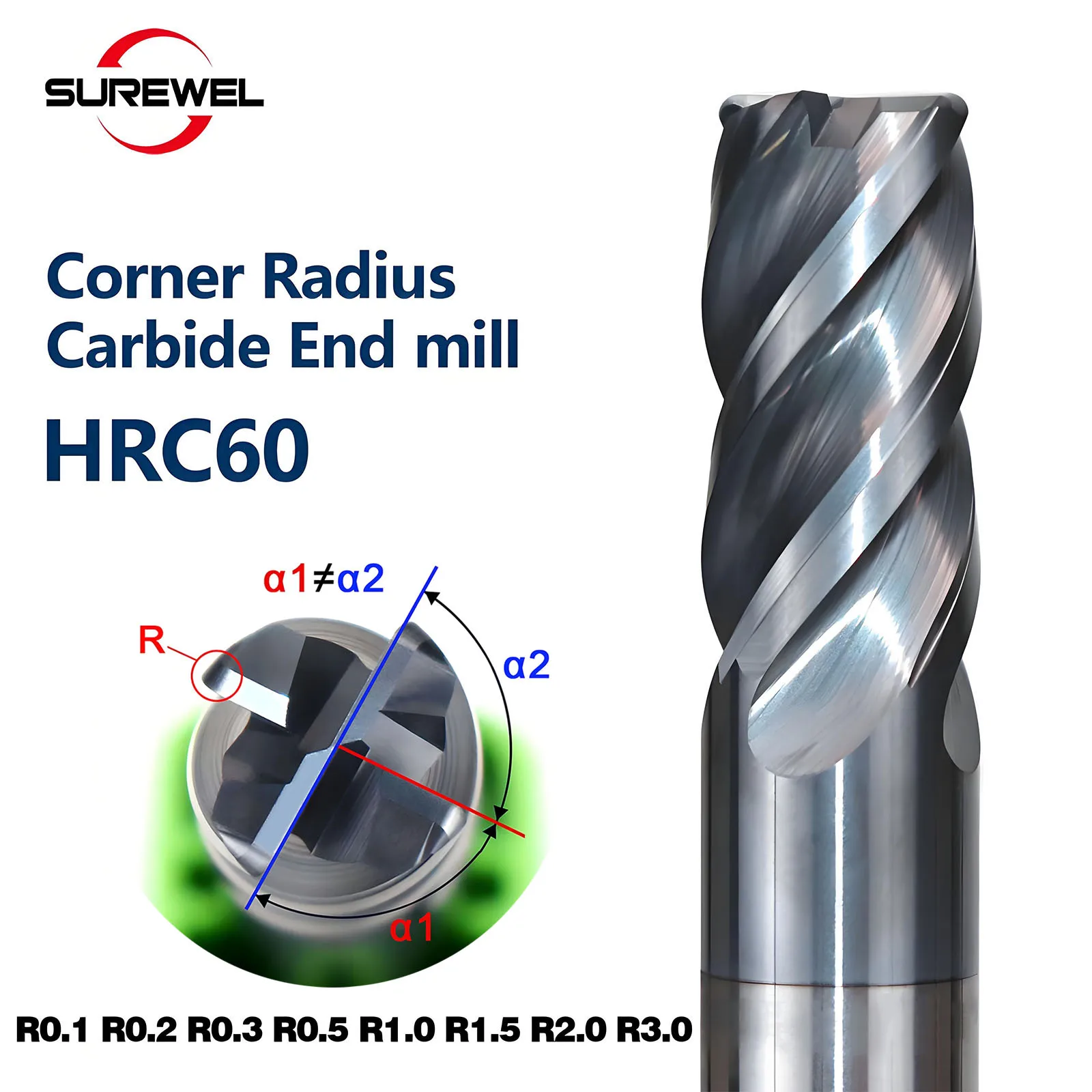 SUREWEL HRC60 4-schneidige Rundnase R0.2 Schaftfräser-Hartmetall Effiziente Verarbeitung von CNC-Werkzeugen aus Edelstahl, Titanlegierungen und Hochtemperaturlegierungen Image