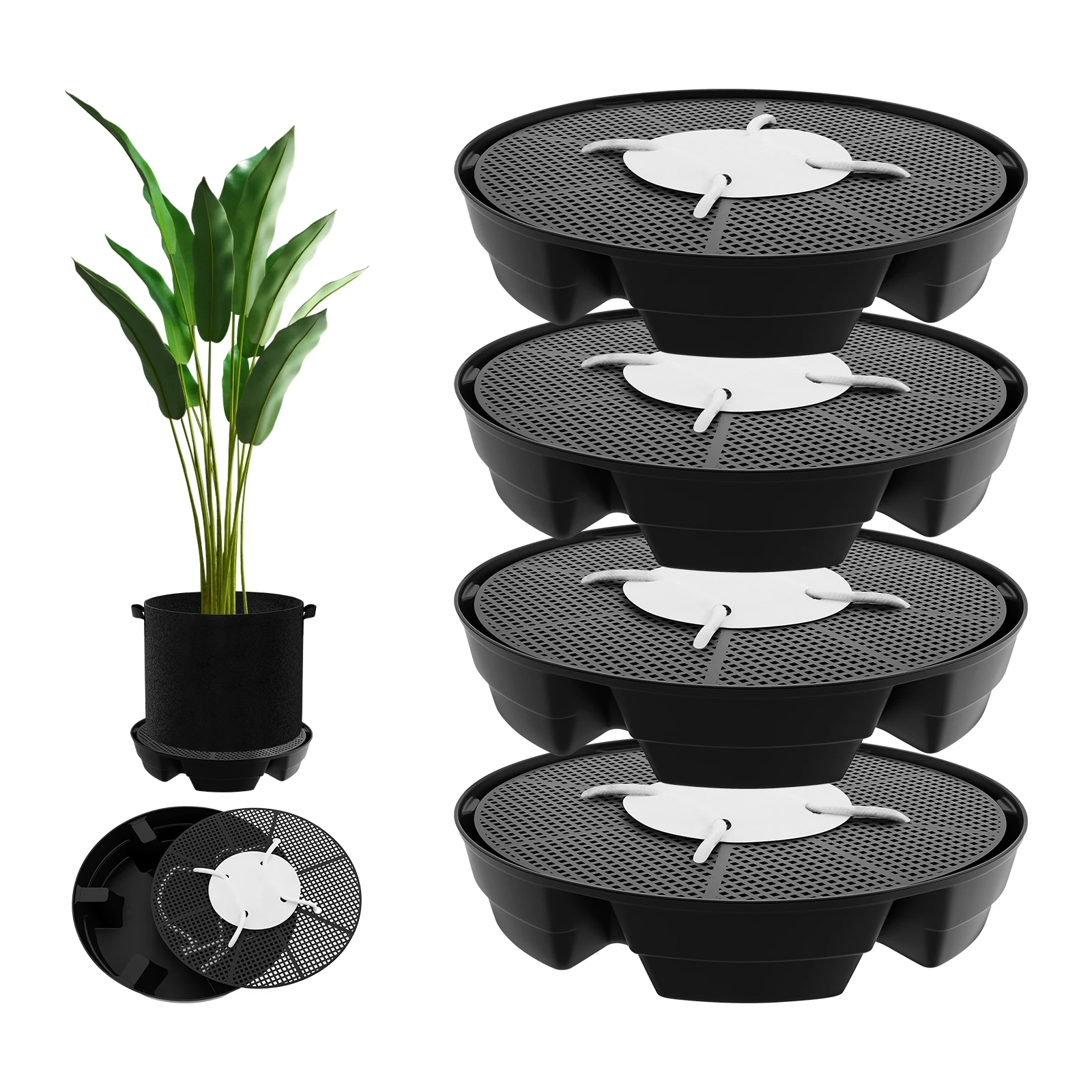 4 Stück selbstbewässernde Pflanzenschaufel, 2,8 l, Blumentopf, selbstbewässerndes Pflanzentablett, Ständer, Baumwollseil für den Innengarten, dekorativ Image