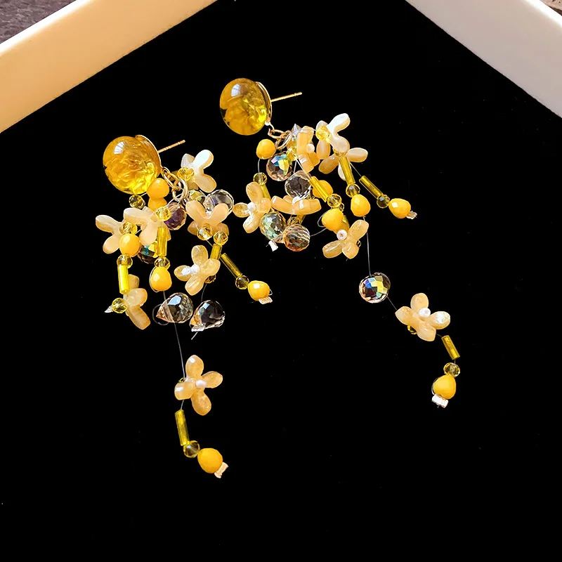 Beliebte Kristall-Blumen-Quasten-Tropfenohrringe für Frauen, süßes Persönlichkeits-Design, Ohrring, vielseitiger Modeschmuck, Strandurlaub Image