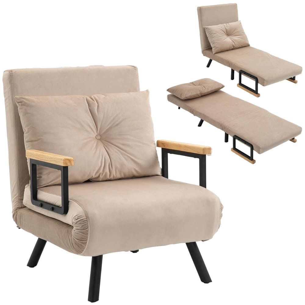 Fauteuil convertible dossier inclinable accoudoirs bois velours beige