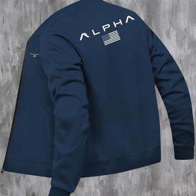 TEMU Men's Olive Green Geometric Print With Alpha Usa , Zippered Pockets & Polyester Lining - Machine Washable Casual Outerwear, Durable Construction Image