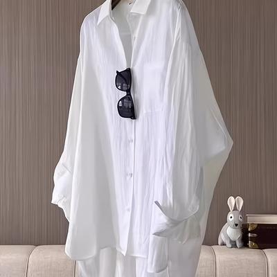 TEMU Women' White Long Sleeve Shirt - Loose Fit, Asymmetrical Hem, Drop Shoulder Design With Glasses Pocket, , Casual Attire, Casual Summer Top|asymmetrical Hem Shirt|drop Shoulder Top Image