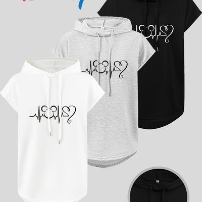 TEMU 3pcs Women's Hooded Sweatshirts - Casual Summer Tops With Heartbeat , Black & White, Drawstring Sleeveless Shirts, Casual Wear | Stylish Casualwear | Official Licensed Product, Sweater Hoodie Image