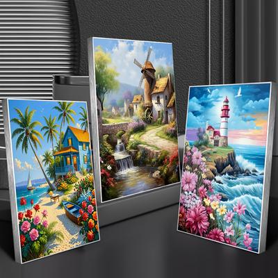 TEMU 3pcs Diy Diamond Painting Sticker Full Diamond Landscape Waterfall Lighthouse Mosaic Making Image