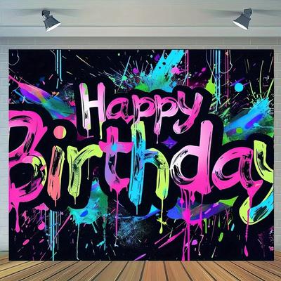 TEMU Vibrant Neon Happy Birthday Banner - Colorful Graffiti Splash , Luminous Dark Background For Party Decorations, Photography Backdrop, Birthday Supplies, Polyester Material Image