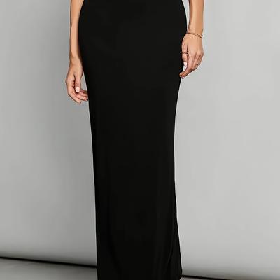 TEMU Women's Elegant Black Knit Maxi Skirt - High-waisted, Form-fitting, Machine Washable, Stretch Polyester Fabric For Spring/summer/fall, Versatile Skirt | Simple Black Dress | Image