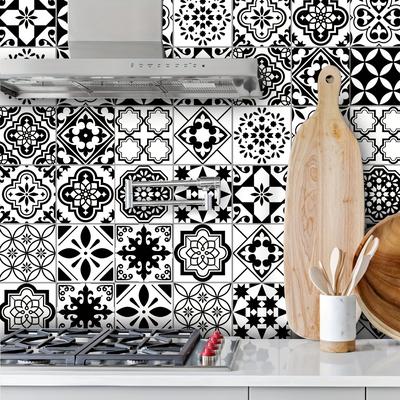 TEMU 1pc Black And White Moroccan Pattern Vinyl Wall Sticker, Peel-and-stick Home Decoration, Suitable For Kitchen Bedroom Etc. Wall Scenes, 3 Sizes 11.81*47.24/94.49/141.73inch Image