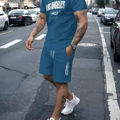 TEMU Men's Los Angeles Graphic T-shirt & Shorts Set - Casual, Stretchy Fabric, Crew Neck, Regular Fit, Ideal For - Blue With White Print Image