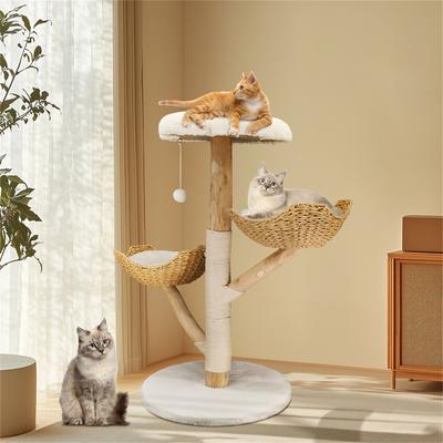 TEMU 1pc Cat Tree, Height 111 Cm, Multi-level Cat Tower With With Scratching Post, 3 Platform, 2 Baskets, Pompom, Plush Fabric, For Indoor Accessories/toys For Kittens And Cats Image