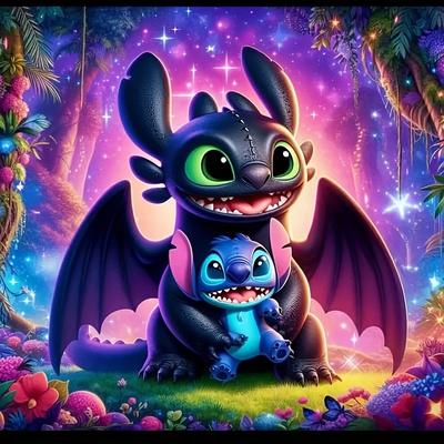 TEMU 5d Diy Diamond Painting Kit - Cartoon, Animation, Stitch Holding Dragon, Round Acrylic Gem, Canvas Craft Set, Painting, Diamond Painting, Home Wall Decoration Crafts, , By Collectors, Gift For Image