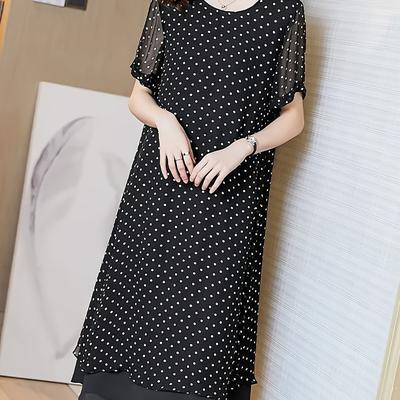 TEMU Elegant Dress For Women - Short Sleeve, Polka Dot, French Style, Loose Fit With Long Skirt, Ideal For Spring/summer/fall, Versatile Long Skirt Dress|elegant Evening Gown|polka Dot Dress Image