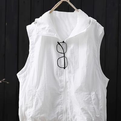 TEMU Women's Lightweight Hooded Sleeveless Vest - Casual Zip-, Drawstring Hem, Breathable Fabric For Spring/summer , Everyday Layering Piece, Hooded Neckline, Semitransparent Material Image