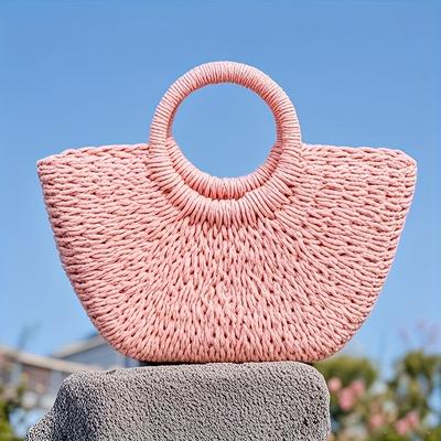TEMU 1pc Beach Tote Bag For Women - High-quality Pink Summer Travel Bag, Lightweight & Durable For Coastal Vacations, Casual , And Everyday Use, Coastal Vacation Accessory | Intricate Weave Design Image