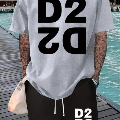 TEMU Men's Short-sleeved T-shirt And Waist-shaping Shorts With D2 Logo Print, 2pcs Casual Sports Regular Top And Pants Set, Suitable For Spring And Summer Matching Image