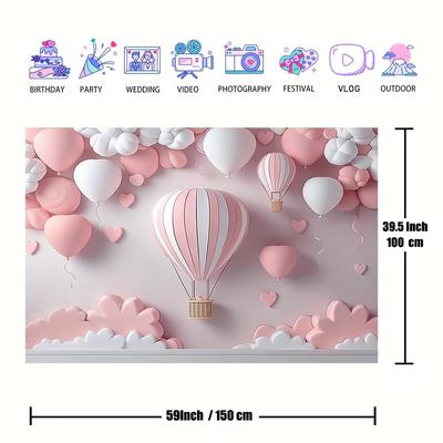 TEMU 1pc, Pink Hot Air Balloon With Floral Cake Topper, For Birthday Party Decorations And A Beautiful Photo Background For Image
