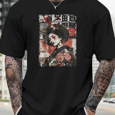 TEMU Japanese Geisha Style Pattern Creative Pattern T-shirt-good Gift For -4c333-100% Cotton Comfortable Round Neck Men's Short Sleeve Image