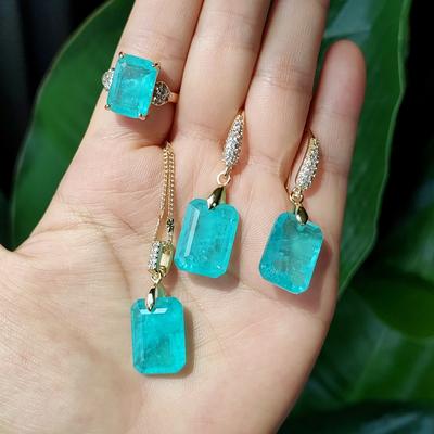TEMU Elegant Blue Artificial Synthetic Artificial Crystal Jewelry Set For Women - Includes Pendant Necklace, Earrings & Ring With Unique Textures Image