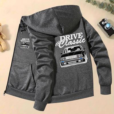 TEMU Men' Classic Car Print Hooded Jacket - Trendy Gray Zip- Fit Fall/winter Casual Outerwear With Pockets, Polyester Blend, Machine Washable Image