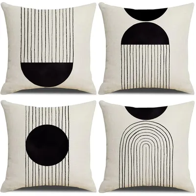 4 Stück schwarz-weißer Kissenbezug aus Leinen mit Bohemian-Print, dekorativer Kissenbezug 40 x 40 50 x 50, Raumdekorationsartikel Image
