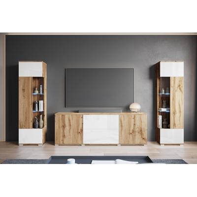 Wohnwand INOSIGN "KENIA", eichefarben votan, eichefarben votan, weiß hochglanz, B:270cm H:161cm T:34cm, Kastenmöbel-Sets, Vitrinen mit Eckverglasung, hängend und stehend montierbar Image
