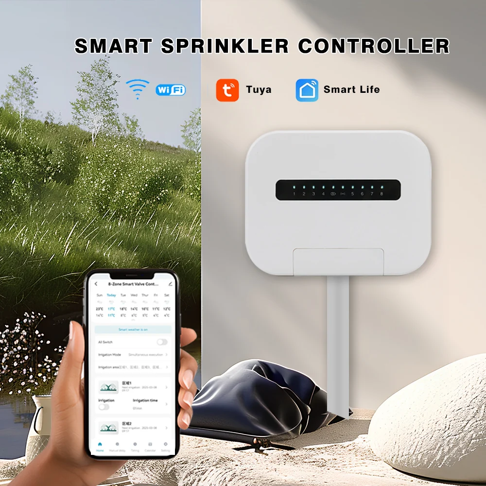 8-Stations-WiFi-Smart-Sprinkler-Controller für den Innenbereich und Magnetventil, Bewässerungssystem, Fernbedienung per Telefon, funktioniert mit Alexa Image