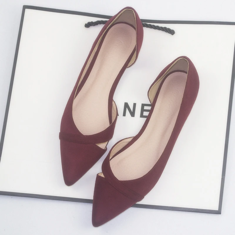 Flache Ferse Schuhe für Frauen Spitz Schuhe Einfarbig Flock Leder 31 32 33 44 45 46 Grund Einfache concise Stil Alle Spiel Image