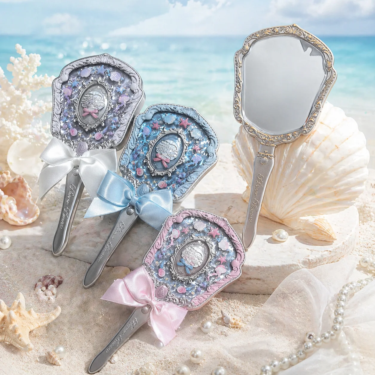 Flower Knows Shell Jewel Handspiegel, Make-up-Spiegel im Ozean-Stil, tragbarer kompakter Schönheitsspiegel, ästhetischer Prinzessinnen-Kosmetikspiegel Image