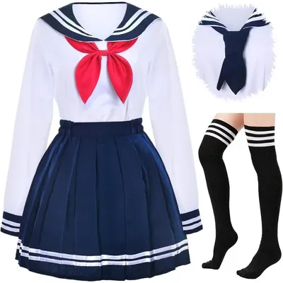 Japanische Schulmädchen-Uniform JK Sailor Marineblauer Faltenrock Anime Cosplay Kostüme mit Socken Image